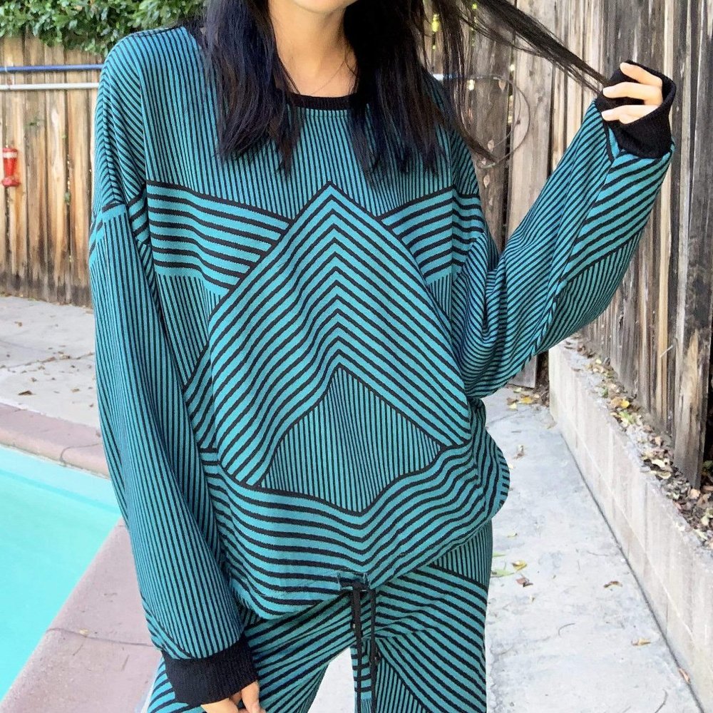 Eva Franco Lounge Knit Sweatshirt Teal and Black Oversized Striped - Picture 5 of 6